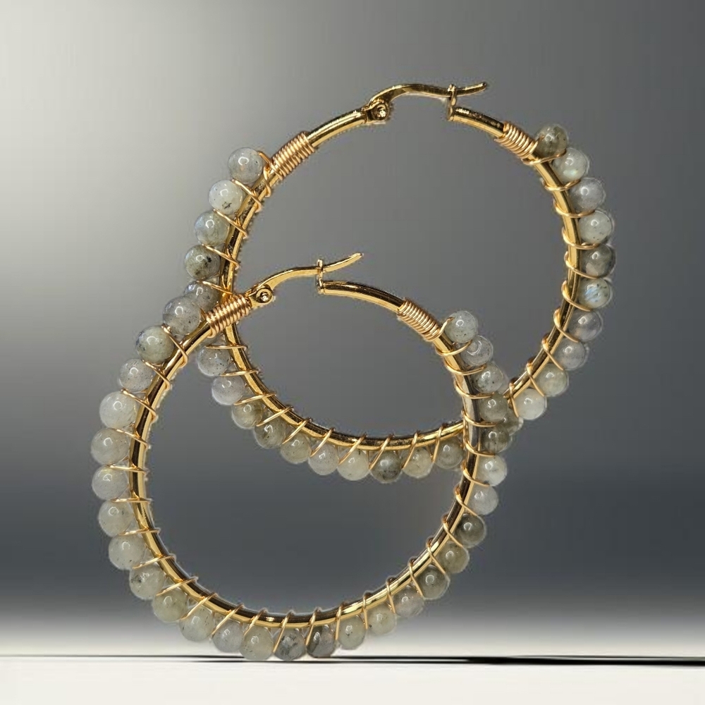 18k Gold Plated Boho Labradorite Stone Wire Wrapped Bead Hoops - Picture 3 of 5